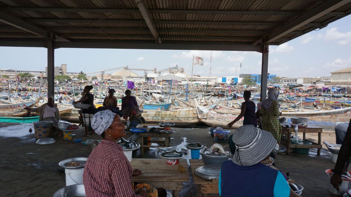 Women at Tema fish market in Ghana, bustling with boats and local vendors.