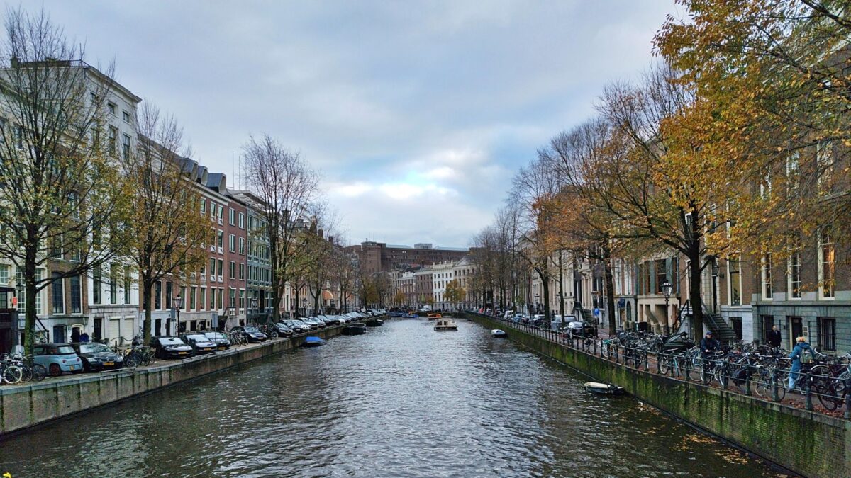 Picturesque Amsterdam canal surrounded by autumn leaves and historic buildings under a cloudy sky.