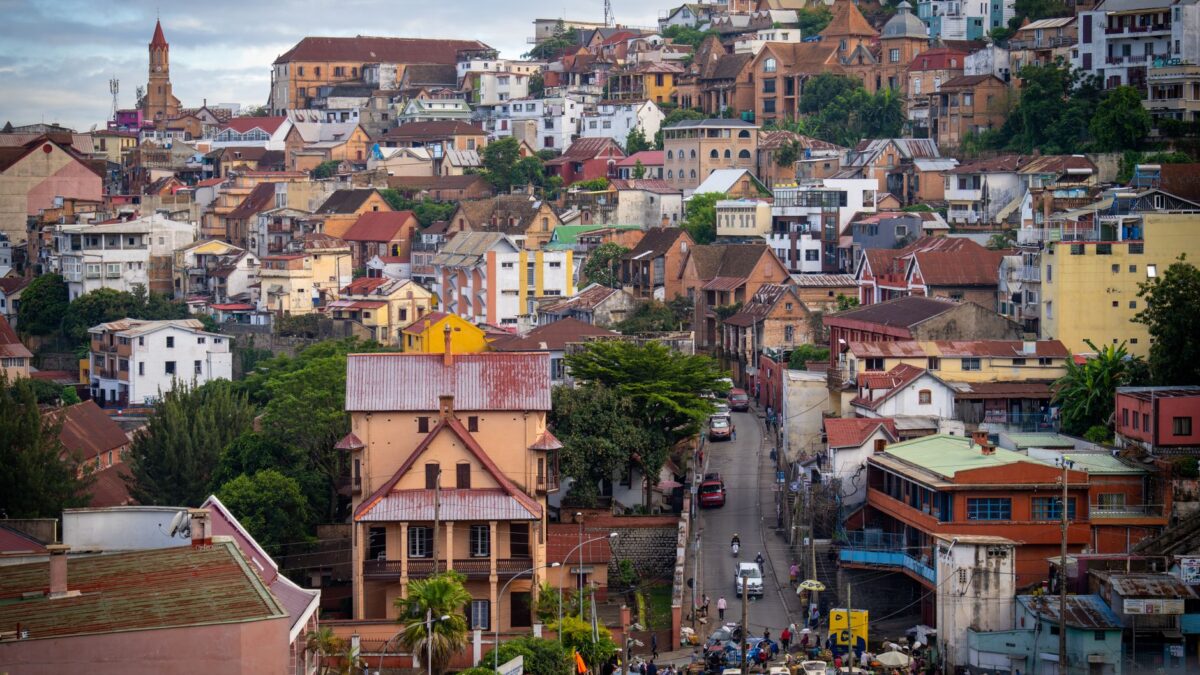 A vibrant aerial view of Antananarivo, Madagascar showcasing diverse architecture and bustling streets.
