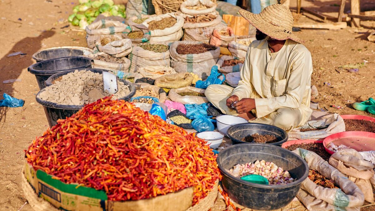 Vibrant market scene in Nigeria showcasing a vendor selling various spices. A rich display of culture and commerce.