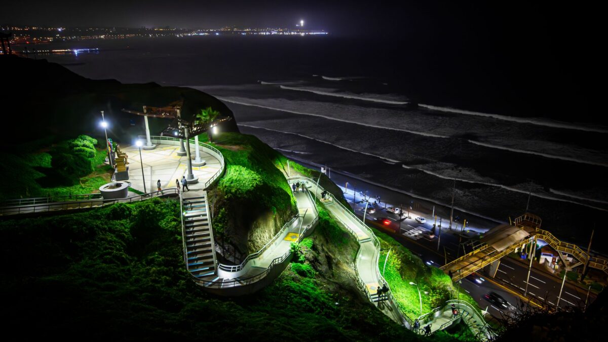 Stunning nighttime view of the illuminated Malecón in Miraflores, Lima, Peru at night.