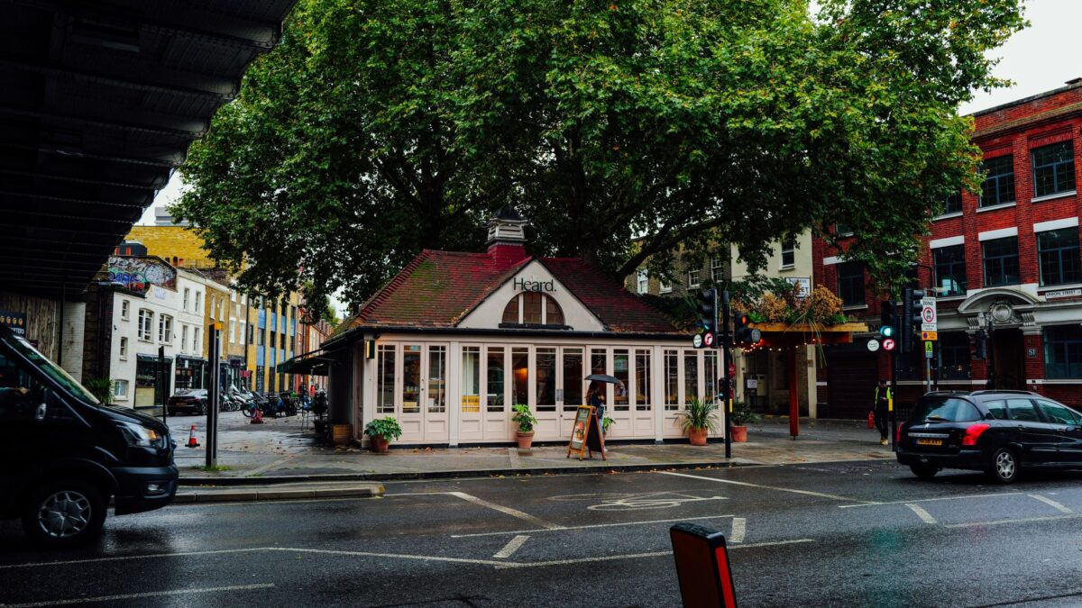A quaint cafe nestles under a large tree on a rainy street corner, offering a cozy urban retreat.