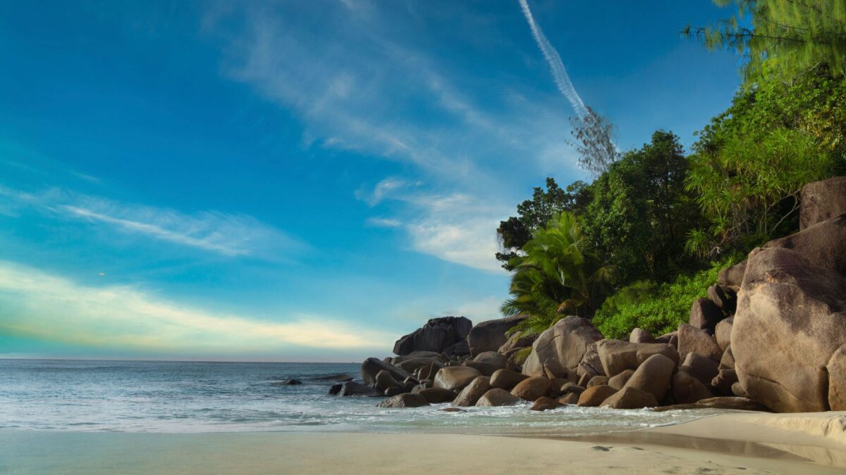 Serene beach with rocks and lush greenery in La Digue, Seychelles under a vibrant sky.